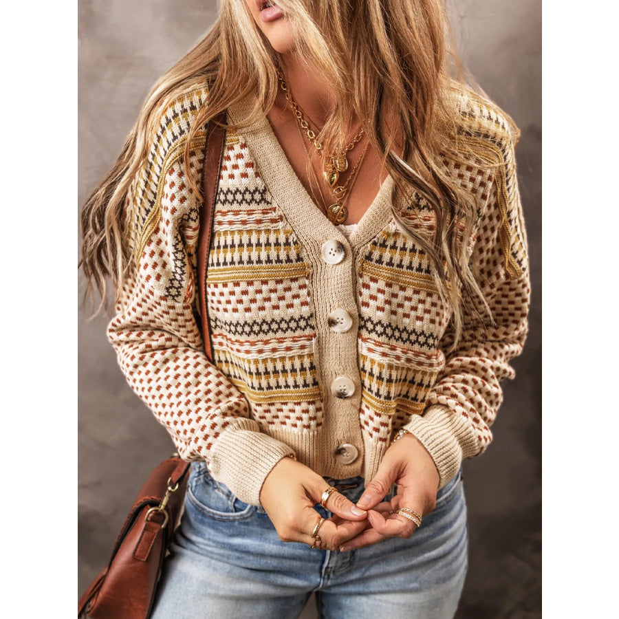 Vintage Patterned Button-Down Cardigan Khaki / S Apparel and Accessories