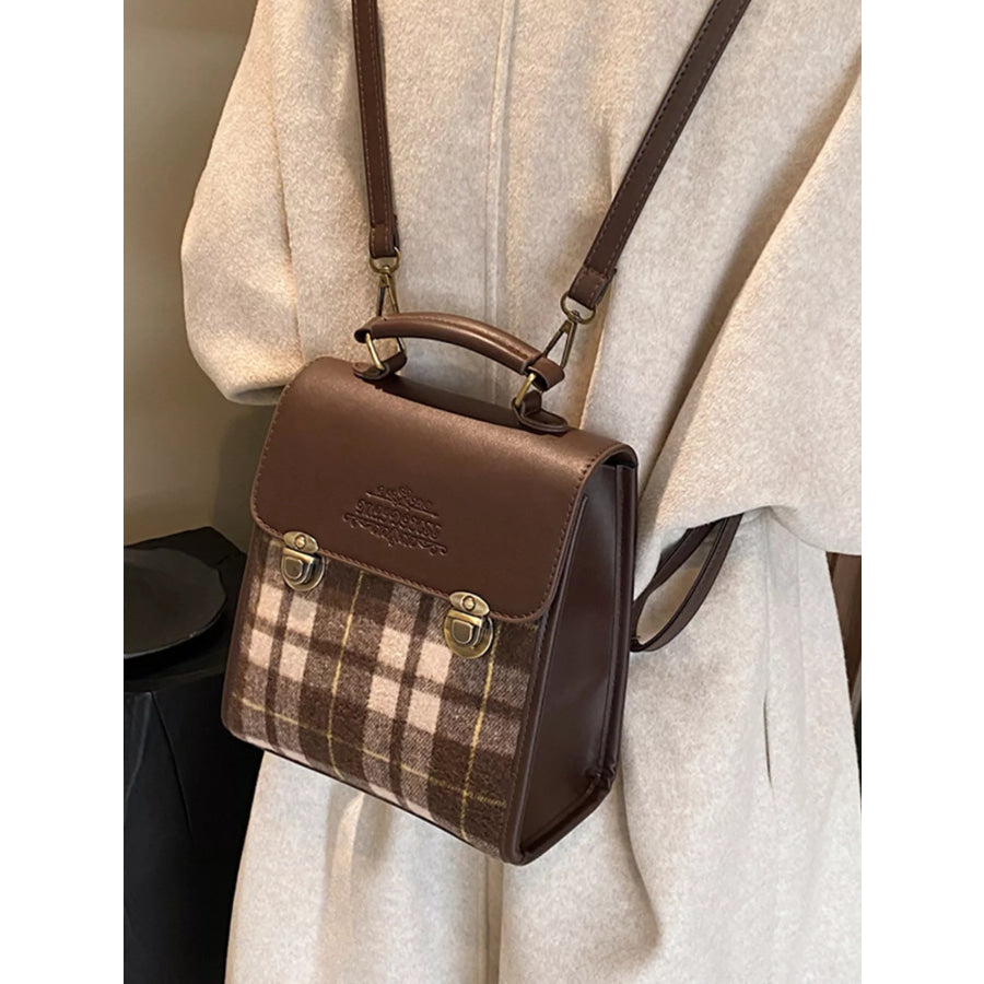 Vintage Plaid Flap Backpack Bag Brown / One Size Apparel and Accessories
