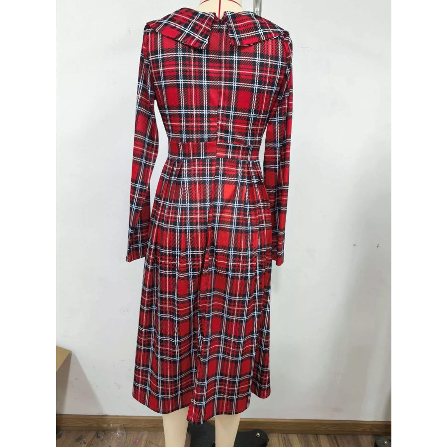 Vintage Plaid Long Sleeve Midi Dress Apparel and Accessories