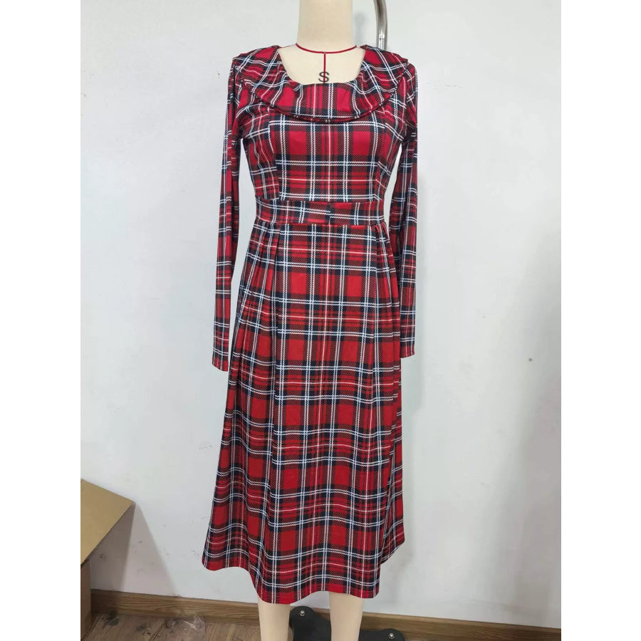 Vintage Plaid Long Sleeve Midi Dress Apparel and Accessories