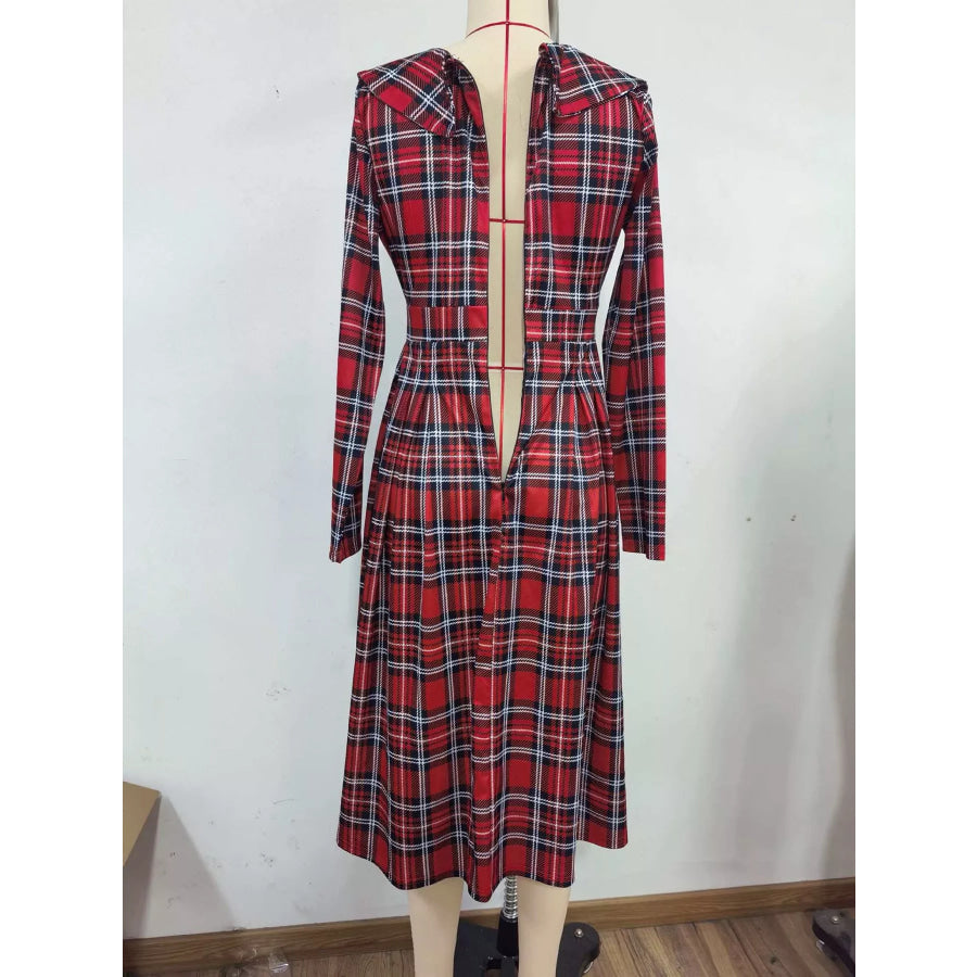 Vintage Plaid Long Sleeve Midi Dress Apparel and Accessories
