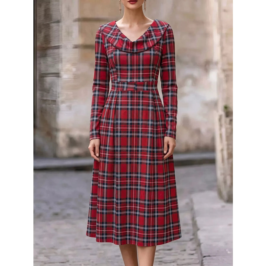Vintage Plaid Long Sleeve Midi Dress Burgundy / S Apparel and Accessories