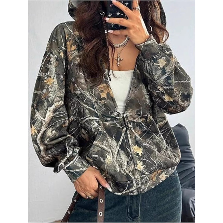 Vintage Printed Zip-Up Hoodie Army Green / S Apparel and Accessories