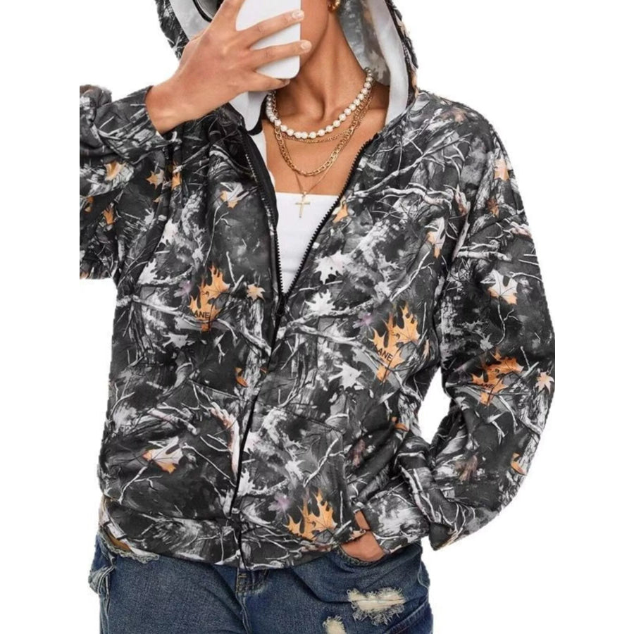 Vintage Printed Zip-Up Hoodie Black / S Apparel and Accessories