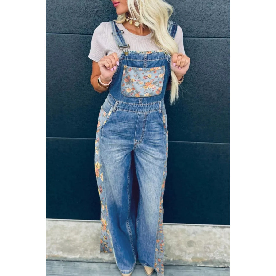 Vintage Rose Printed Pleated Loose Denim Overall Apparel and Accessories