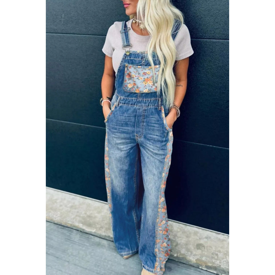 Vintage Rose Printed Pleated Loose Denim Overall Apparel and Accessories