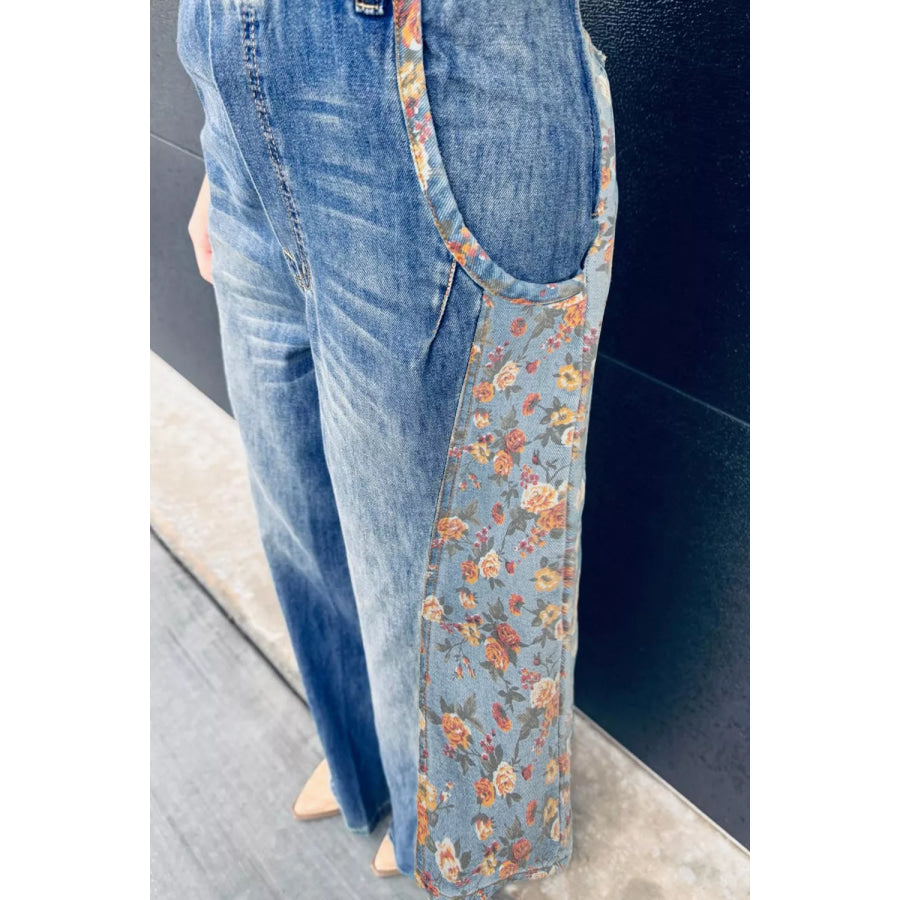 Vintage Rose Printed Pleated Loose Denim Overall Apparel and Accessories