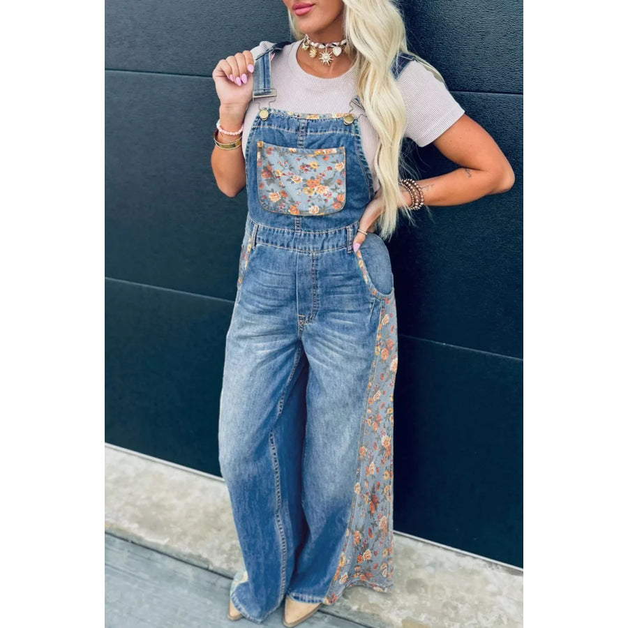 Vintage Rose Printed Pleated Loose Denim Overall Dusty Blue / S Apparel and Accessories
