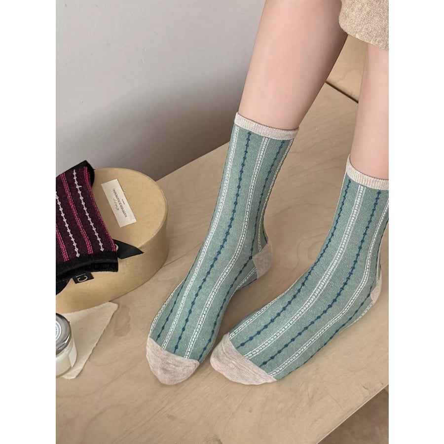 Vintage Striped Mid-Calf Cotton Socks Green / One Size Apparel and Accessories