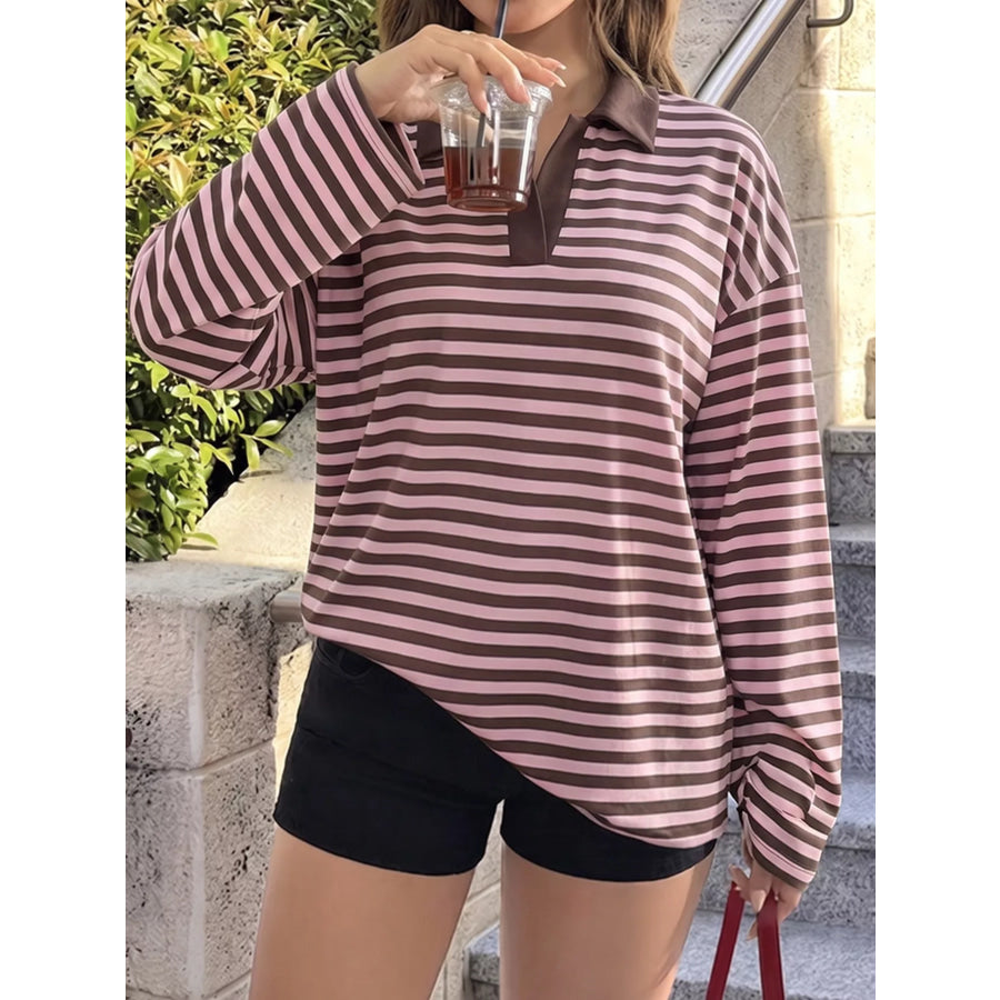 Vintage Striped Polo Collar Long Sleeve Top Apparel and Accessories