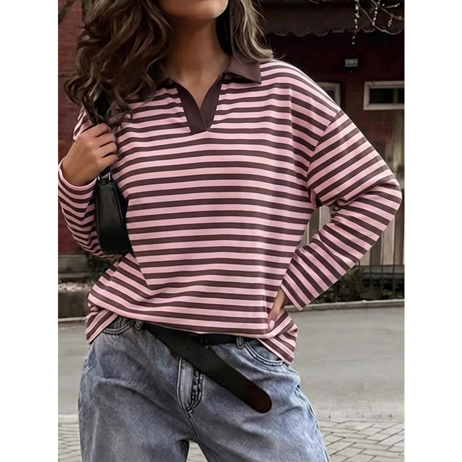 Vintage Striped Polo Collar Long Sleeve Top Brown / S Apparel and Accessories