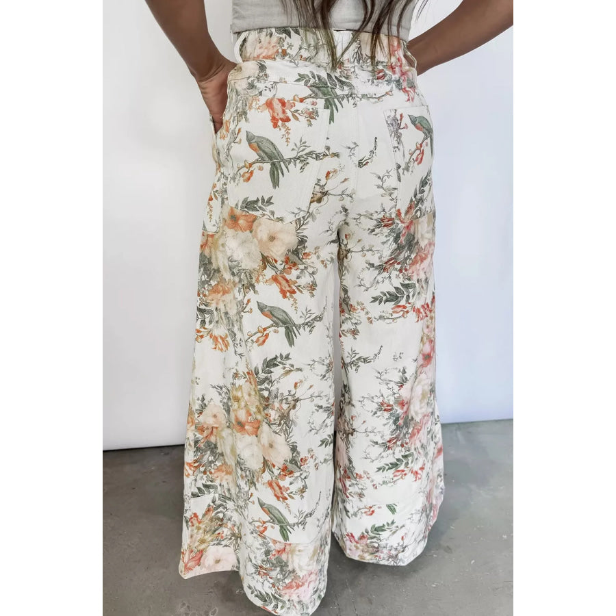 Vintage Style Floral Print High Waist Wide Leg Jeans Apparel and Accessories