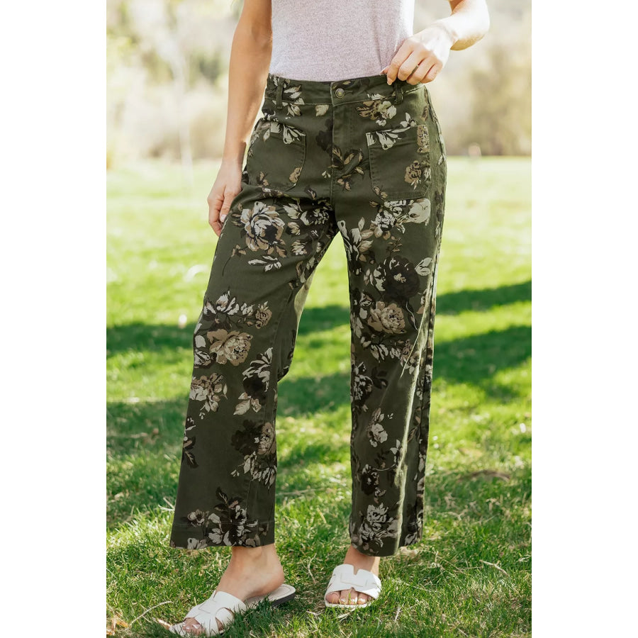 Vintage Style Floral Print High Waist Wide Leg Jeans Apparel and Accessories