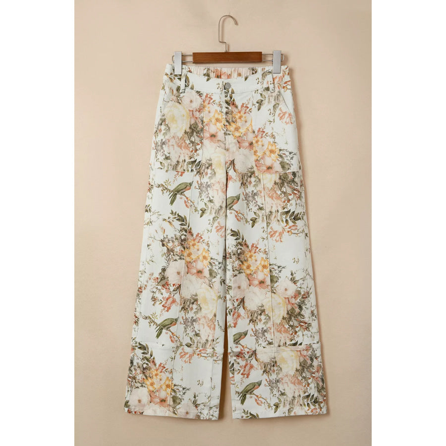 Vintage Style Floral Print High Waist Wide Leg Jeans Apparel and Accessories