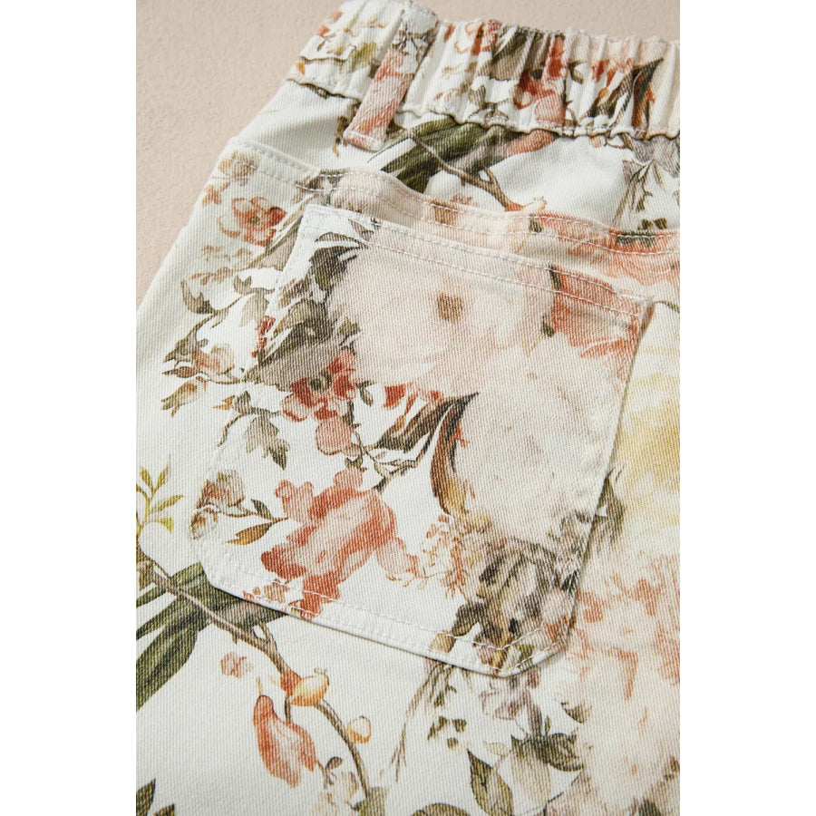 Vintage Style Floral Print High Waist Wide Leg Jeans Apparel and Accessories