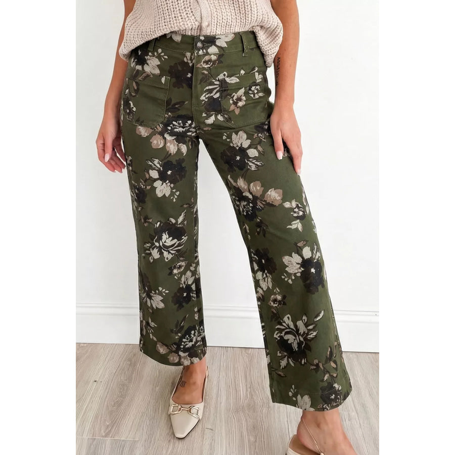 Vintage Style Floral Print High Waist Wide Leg Jeans Apparel and Accessories