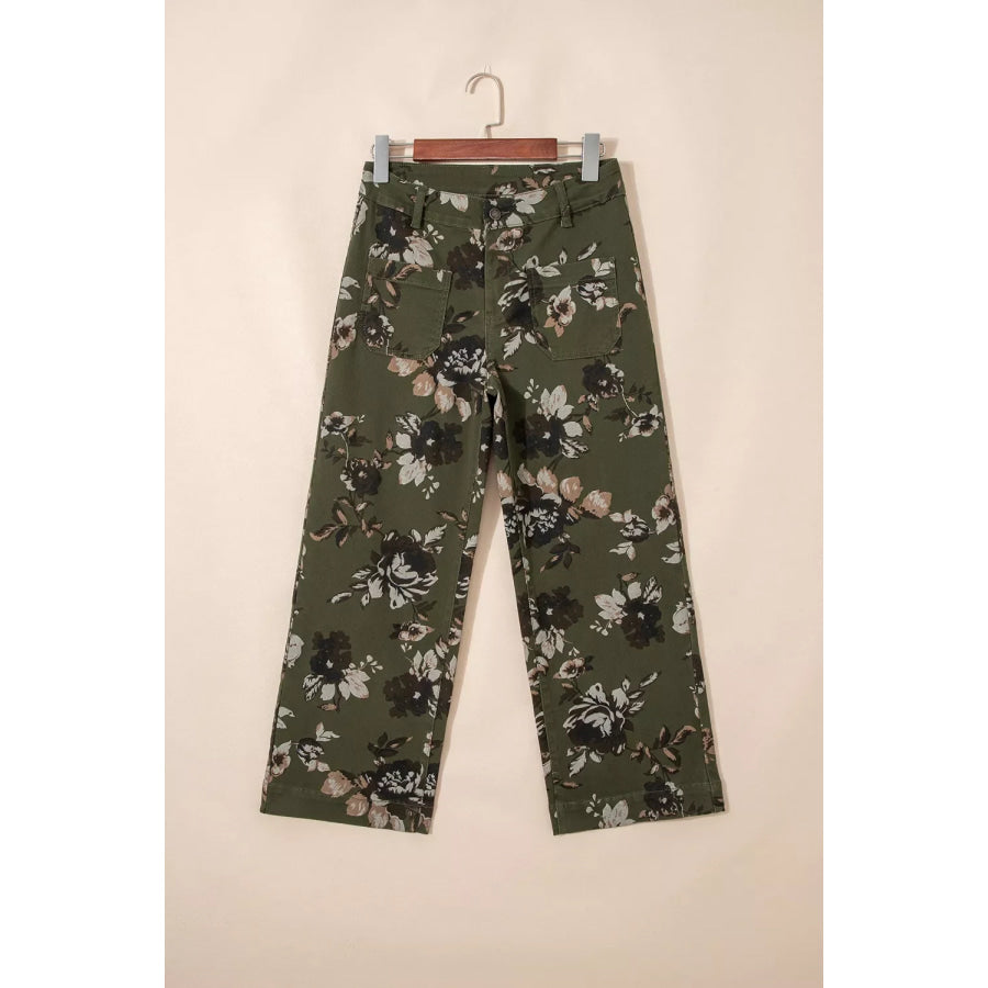 Vintage Style Floral Print High Waist Wide Leg Jeans Apparel and Accessories