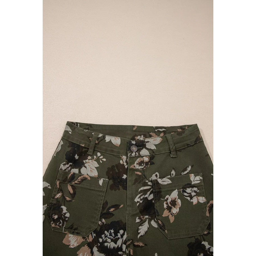 Vintage Style Floral Print High Waist Wide Leg Jeans Apparel and Accessories