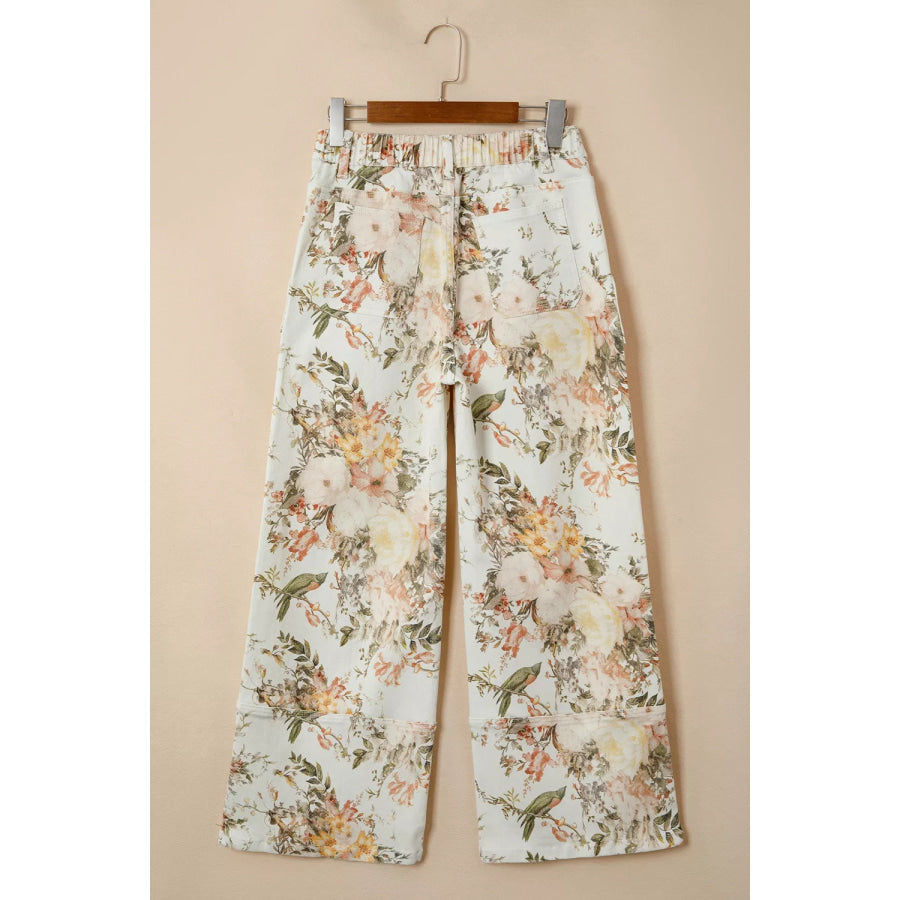 Vintage Style Floral Print High Waist Wide Leg Jeans Apparel and Accessories