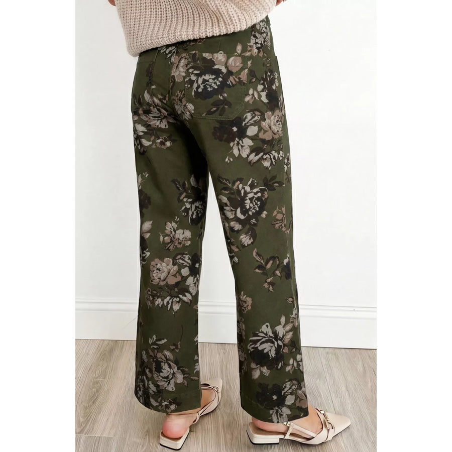 Vintage Style Floral Print High Waist Wide Leg Jeans Apparel and Accessories