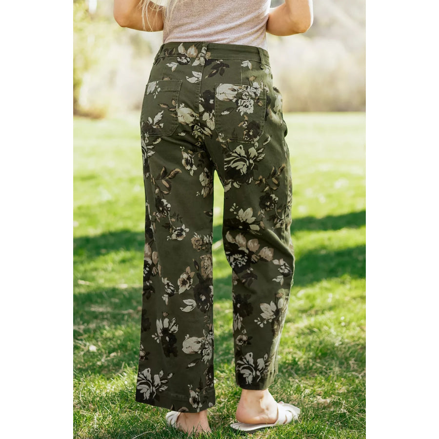 Vintage Style Floral Print High Waist Wide Leg Jeans Black Forest / 4 Apparel and Accessories