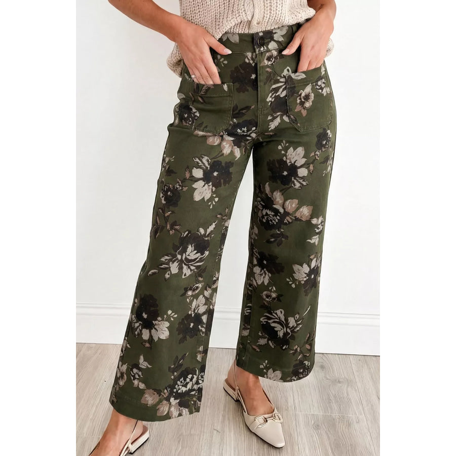 Vintage Style Floral Print High Waist Wide Leg Jeans Apparel and Accessories