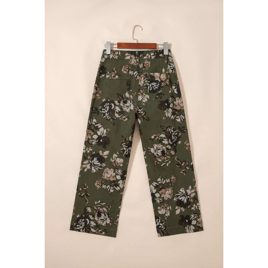 Vintage Style Floral Print High Waist Wide Leg Jeans Apparel and Accessories