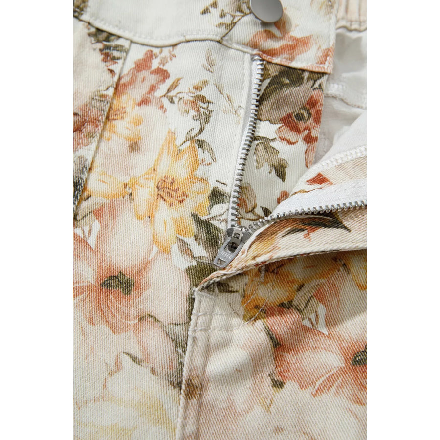 Vintage Style Floral Print High Waist Wide Leg Jeans Apparel and Accessories