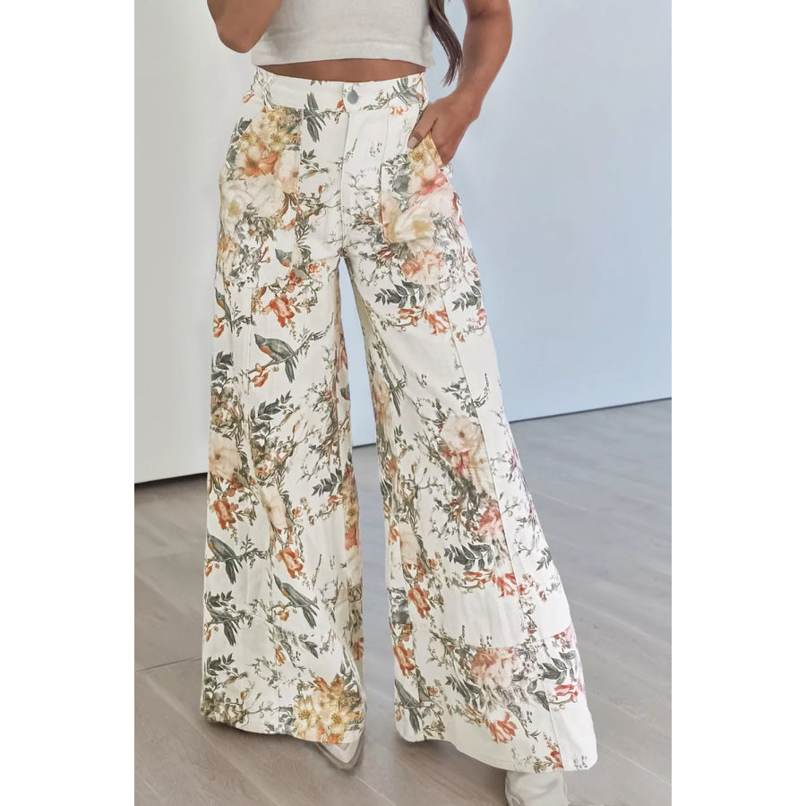 Vintage Style Floral Print High Waist Wide Leg Jeans Beige / 4 Apparel and Accessories