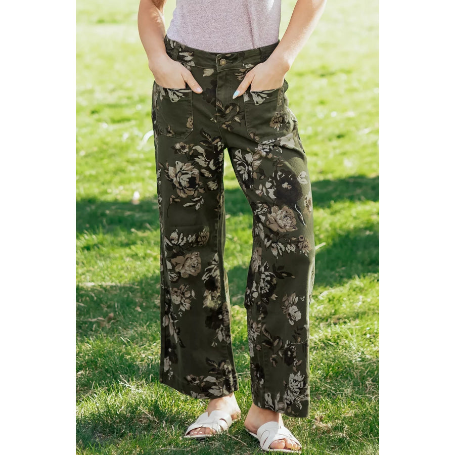 Vintage Style Floral Print High Waist Wide Leg Jeans Black Forest / 4 Apparel and Accessories