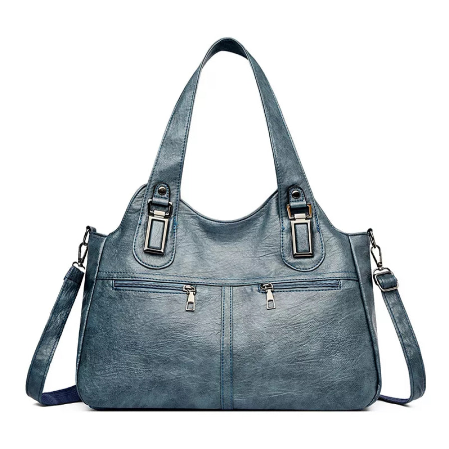 Vintage Style PU Leather Large Handbag French Blue / ONESIZE Apparel and Accessories