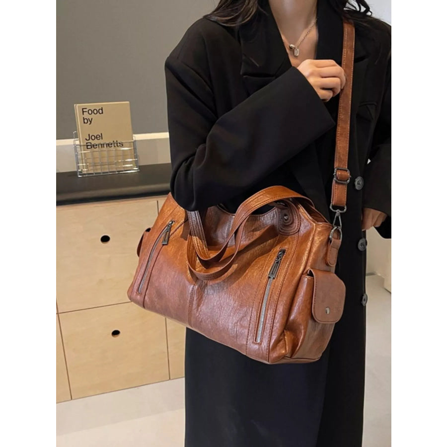 Vintage Style Zipper Front Handbag Brown / One Size Apparel and Accessories