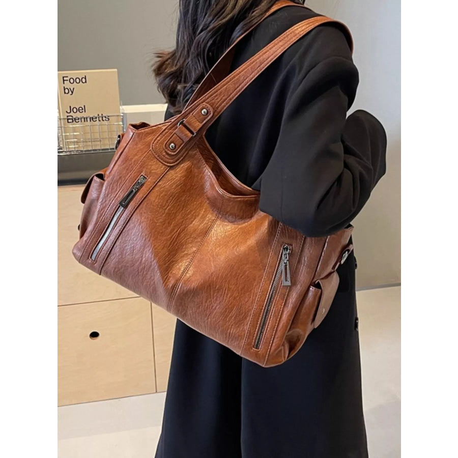 Vintage Style Zipper Front Handbag Brown / One Size Apparel and Accessories