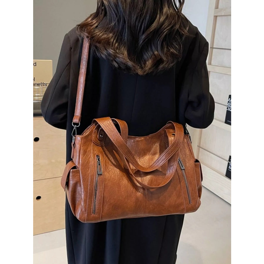 Vintage Style Zipper Front Handbag Brown / One Size Apparel and Accessories