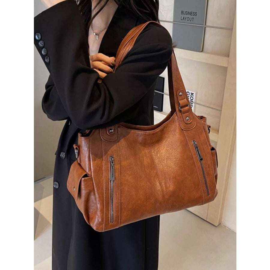 Vintage Style Zipper Front Handbag Brown / One Size Apparel and Accessories