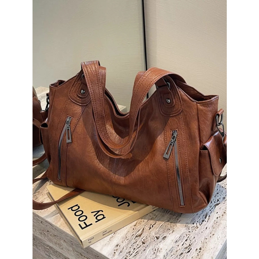 Vintage Style Zipper Front Handbag Brown / One Size Apparel and Accessories