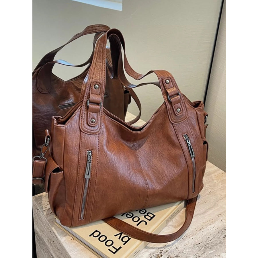 Vintage Style Zipper Front Handbag Brown / One Size Apparel and Accessories