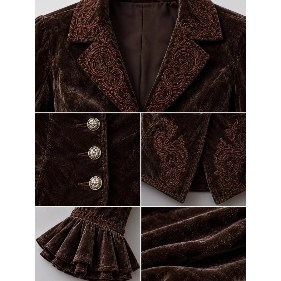 Vintage Victorian Style Embroidered Velvet Jacket with Ruffled Cuffs Apparel and Accessories