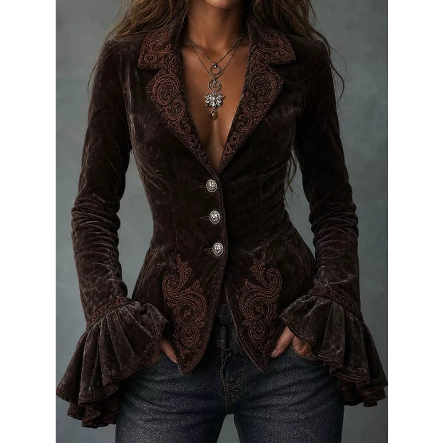 Vintage Victorian Style Embroidered Velvet Jacket with Ruffled Cuffs Dark Brown / S Apparel and Accessories