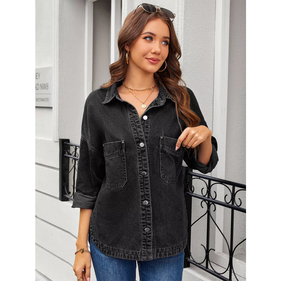 Vintage Wash Button-Down Denim Jacket Black Gray / S Apparel and Accessories