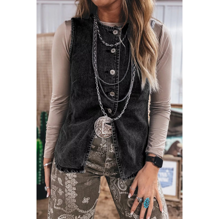 Vintage Wash Button-Down Denim Vest Black / S Apparel and Accessories