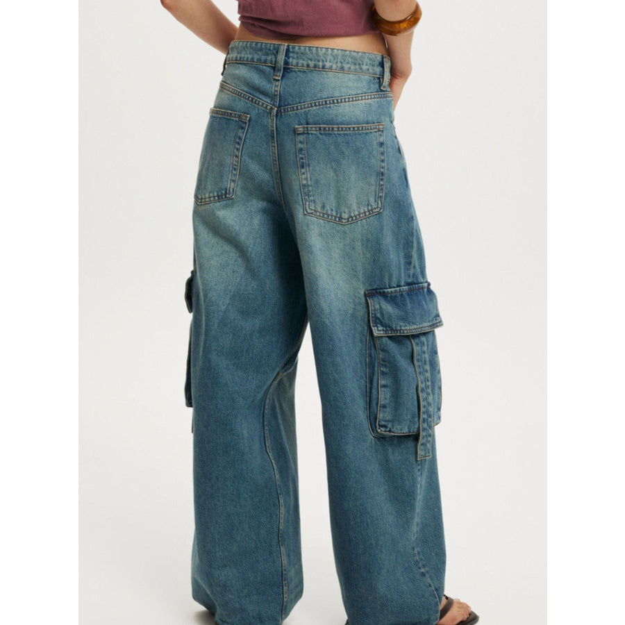 Vintage Wash Wide Leg Cargo Jeans Apparel and Accessories