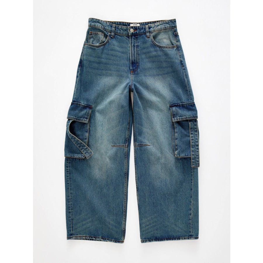 Vintage Wash Wide Leg Cargo Jeans Apparel and Accessories