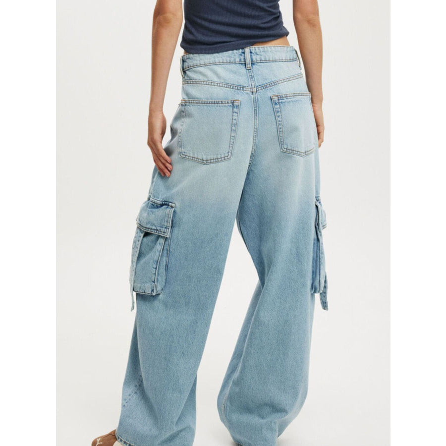 Vintage Wash Wide Leg Cargo Jeans Apparel and Accessories