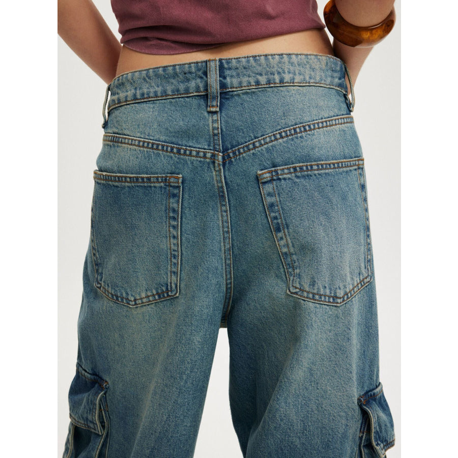 Vintage Wash Wide Leg Cargo Jeans Apparel and Accessories
