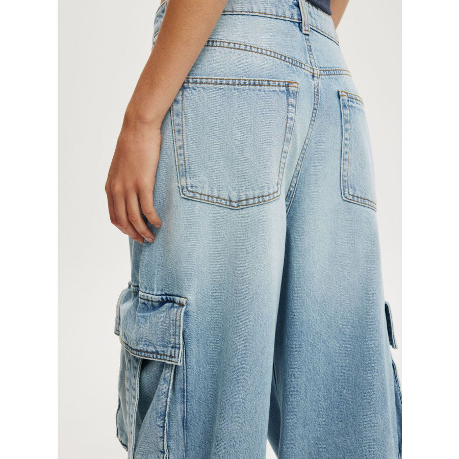 Vintage Wash Wide Leg Cargo Jeans Apparel and Accessories