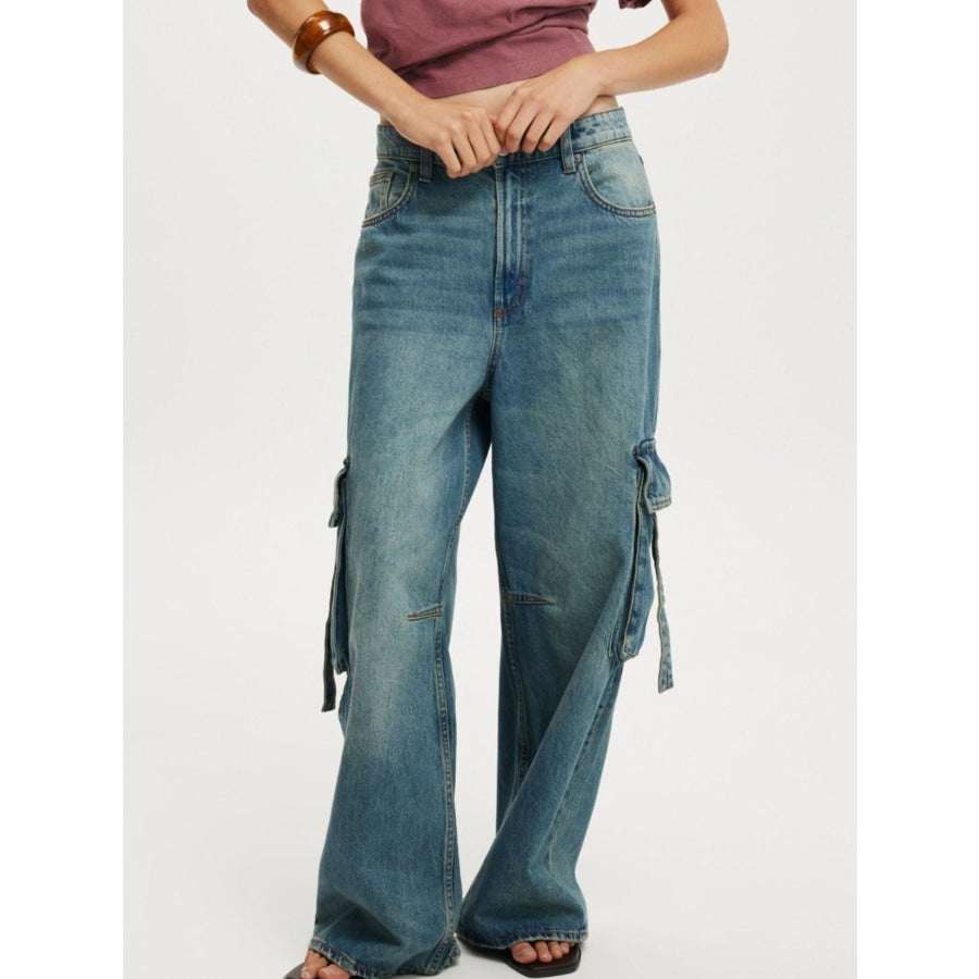 Vintage Wash Wide Leg Cargo Jeans Dark Blue / S Apparel and Accessories