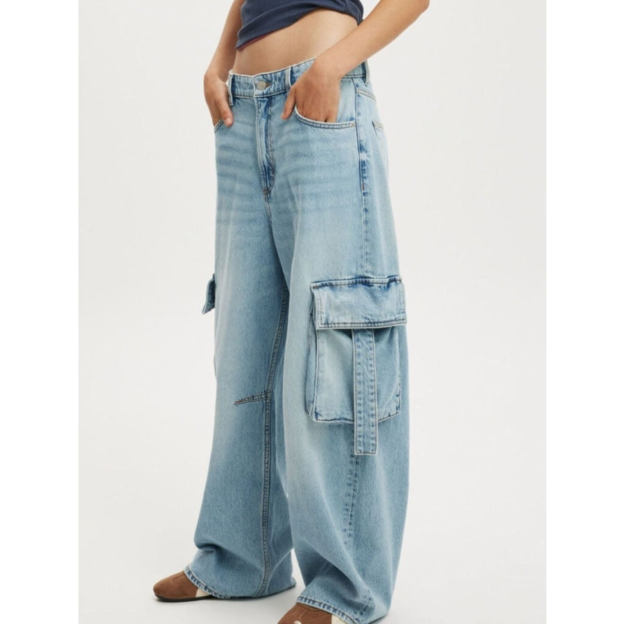 Vintage Wash Wide Leg Cargo Jeans Light Blue / S Apparel and Accessories