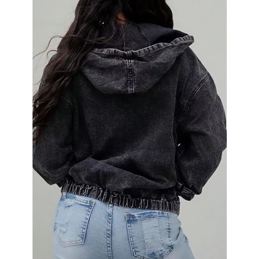 Vintage Washed Zip Up Hooded Denim Jacket Apparel and Accessories