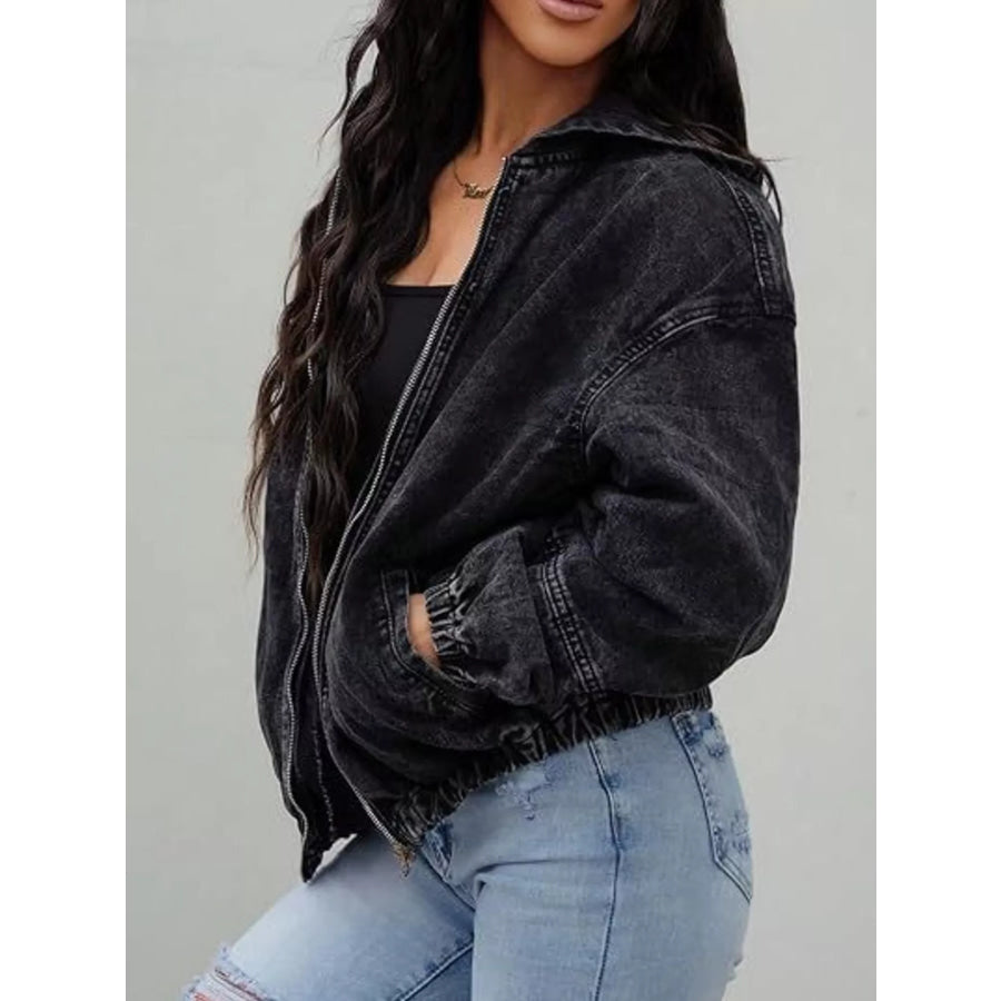 Vintage Washed Zip Up Hooded Denim Jacket Apparel and Accessories